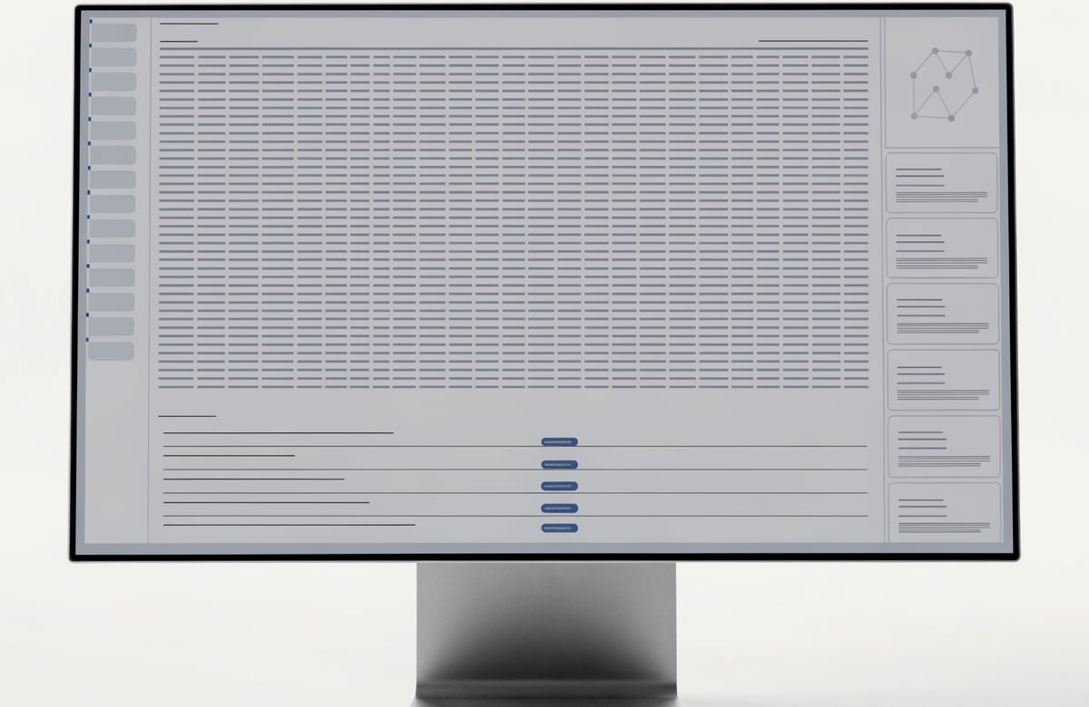 Product photograph: a desktop monitor displaying the application — a sidebar of connected sources, a dense document list, an answer panel carrying inline citation markers, a rail of compiled skill files, and a small knowledge graph.