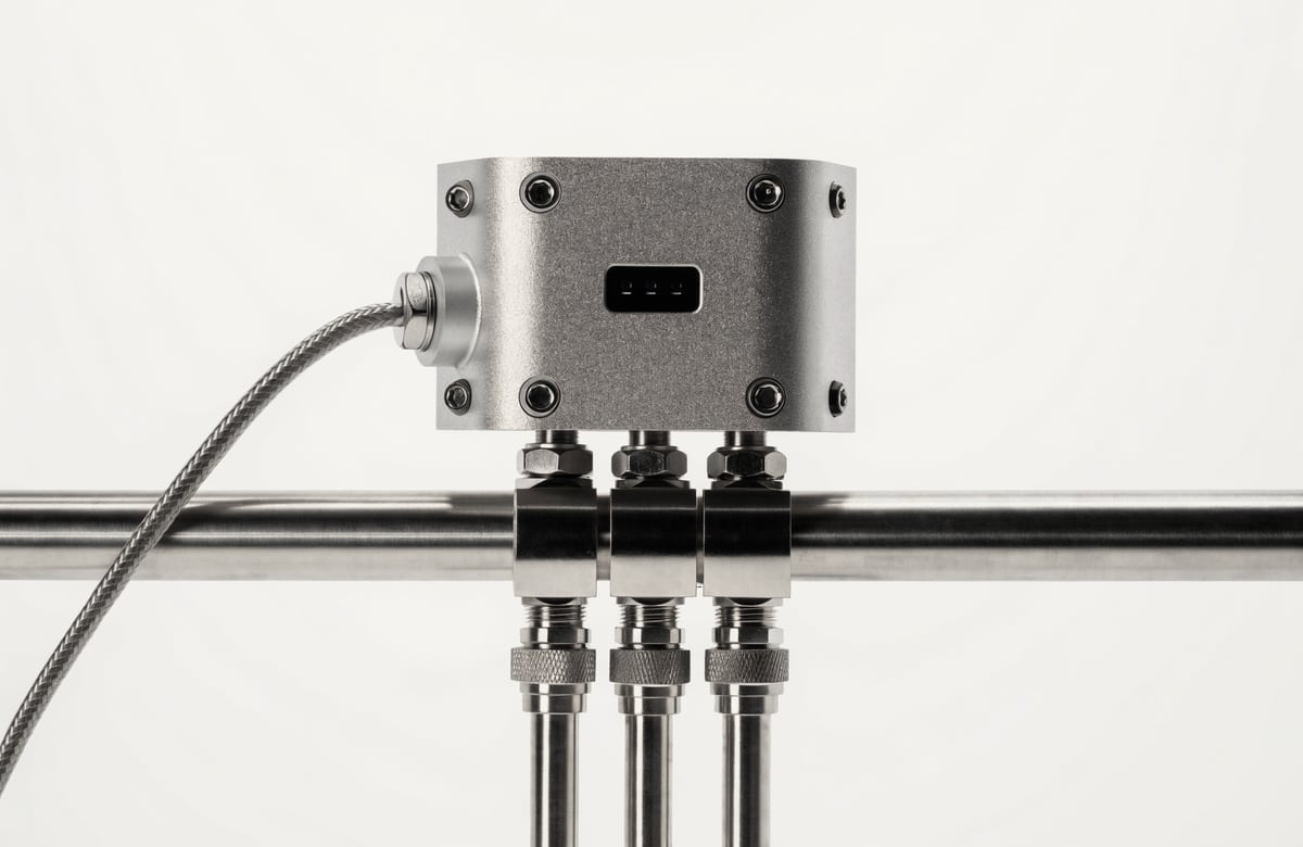 Product photograph: a compact bead-blasted aluminium sensor node clamped to a steel process pipe, cylindrical probe sensors threading down into the pipe through compression fittings, and a braided cable entering a sealed gland on the enclosure side.